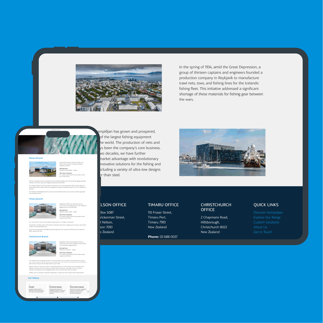 Hampidjan NZ website redesign displayed across desktop, tablet and mobile &mdash; website design by Scooch Marketing, Canterbury