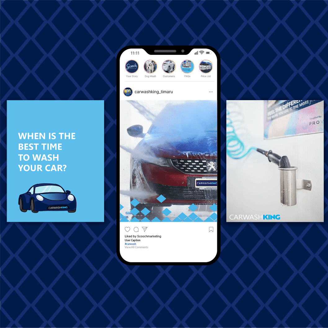 Carwash King Instagram and Facebook social media feed managed by Scooch Marketing &mdash; bold graphic design and content creation for a NZ car wash brand