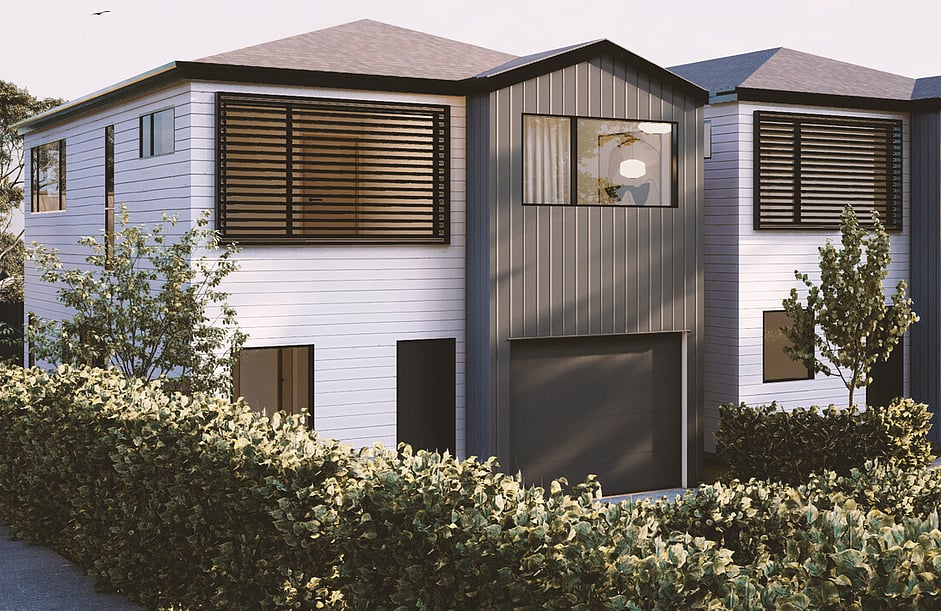Image of a residential new build home. Newly constructed townhouses on Taupo Street, Green Bay, Auckland. Built by Auckland builders, Eden Construction. New Zealand.