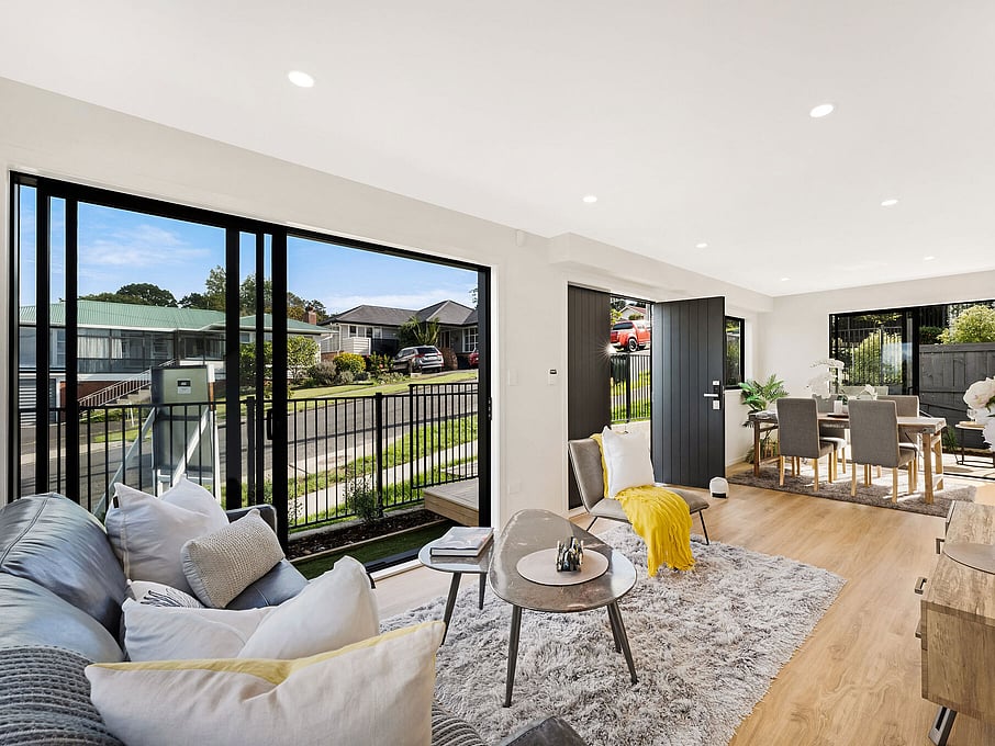 Image of the living space inside the residential new build townhouses on Roland Hill, Glen Eden, Auckland. Built by Auckland builders, Eden Construction. New Zealand.