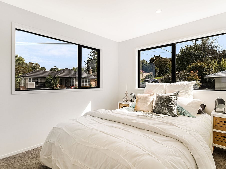 Image of the a bedroom inside the residential new build townhouses on Roland Hill, Glen Eden, Auckland. Built by Auckland builders, Eden Construction. New Zealand.