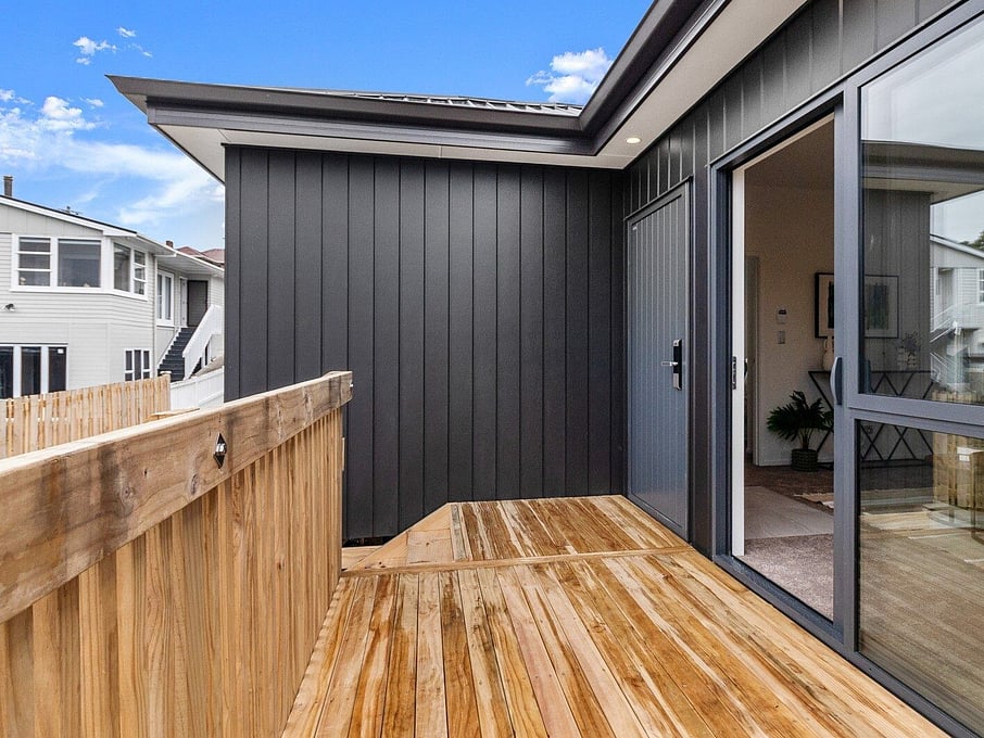 Image of outdoor decking at residential new build family home on Subritzky Avenue, Mount Roskill, Auckland. Built by Auckland builders, Eden Construction. New Zealand.