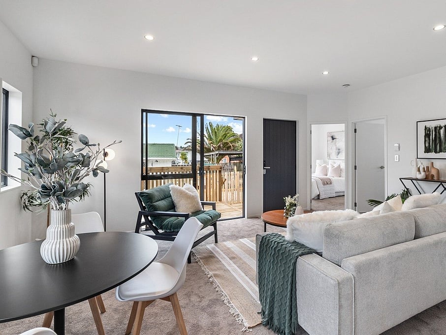 Image of modern living space at residential new build family home on Subritzky Avenue, Mount Roskill, Auckland. Built by Auckland builders, Eden Construction. New Zealand.