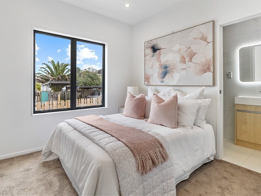 Image of modern bedroom at residential new build family home on Subritzky Avenue, Mount Roskill, Auckland. Built by Auckland builders, Eden Construction. New Zealand.