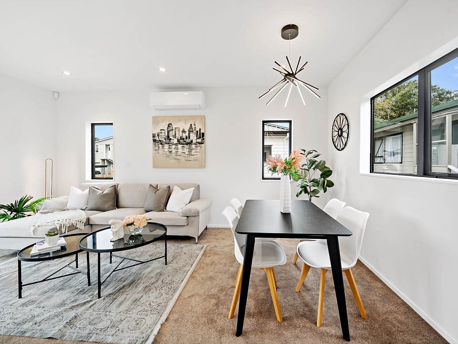 Image of modern living space at residential new build family home on Subritzky Avenue, Mount Roskill, Auckland. Built by Auckland builders, Eden Construction. New Zealand.