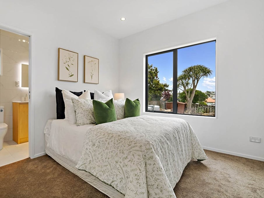 Image of modern bedroom at residential new build family home on Subritzky Avenue, Mount Roskill, Auckland. Built by Auckland builders, Eden Construction. New Zealand.
