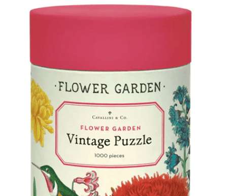 Cavallini & Co Flower Garden 1000 piece vintage jigsaw puzzle featuring botanical garden flower illustrations – Flowers by Joanne Orewa