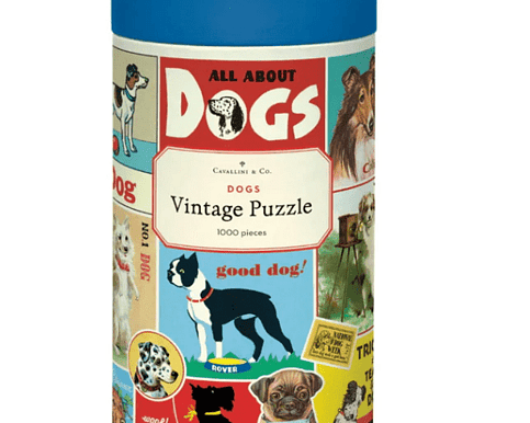 Cavallini & Co Dogs 1000 piece vintage jigsaw puzzle featuring playful dog illustrations – Flowers by Joanne Orewa