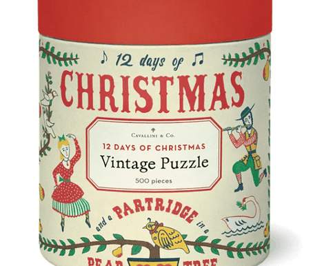 A joyful 500-piece vintage puzzle featuring illustrations from the classic “12 Days of Christmas” — a charming holiday gift or cosy family activity.