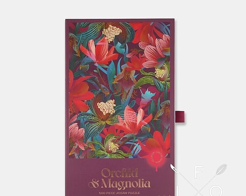 A vibrant 500-piece puzzle featuring Flox’s signature Orchid and Magnolia artwork — celebrating New Zealand’s native beauty in bold colour