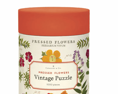 Cavallini & Co Pressed Flowers 1000 piece vintage jigsaw puzzle featuring botanical pressed flower artwork – Flowers by Joanne Orewa