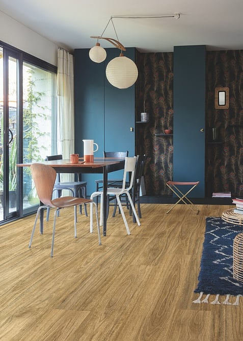Textured hybrid floor in medium brown in a modern home.