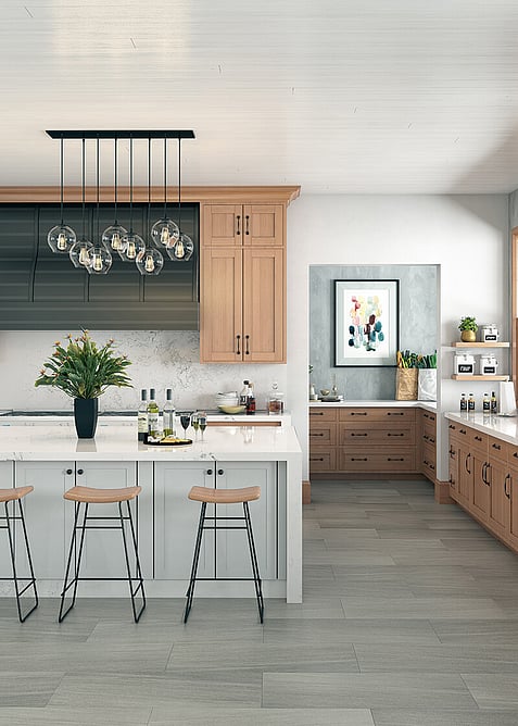 Light grey vinyl hybrid floor in a country styled kitchen.