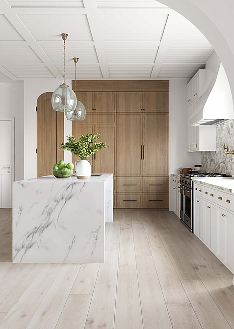 White cork flooring in a white kitchen. Cork planks look like white wood planks. 