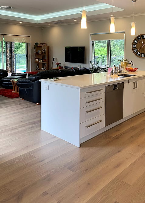Medium brown corkwood planks in a kitchen renovation.
