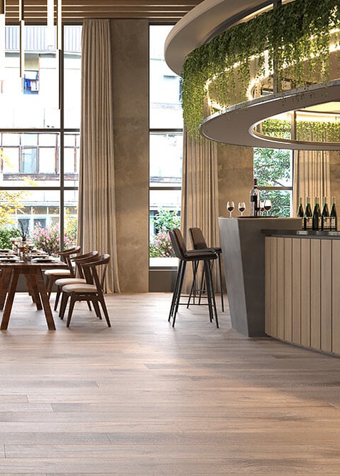 Medium corkwood flooring in a modern restaurant.