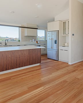 Modern Kitchen with Eucalyptus Floors showing grain and textures of Eucalyptus timber planks. 