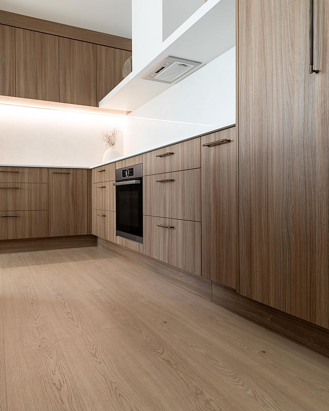 Laminate wood look floor in a bathroom.