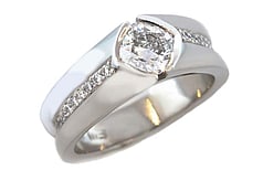 Cushion cut diamond with round brilliants set in Platinum Marc Bendall Engagement rings Chch