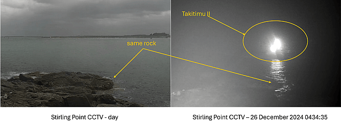 Figure 4 from the report: CCTV images from Stirling Point. The right-hand image shows Takitimu II passing Stirling Point at 0434:35