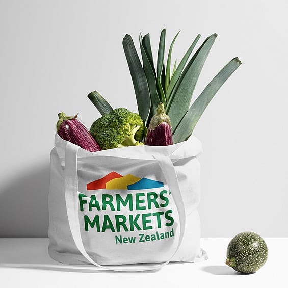 Image of Famers&rsquo; Markets NZ logo on a tote bag. By Creative Box