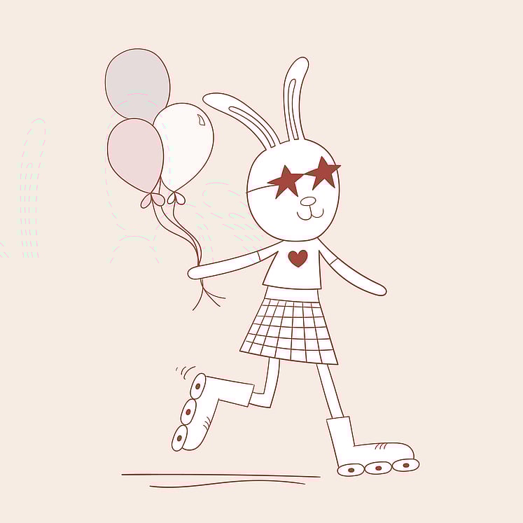 Image of dusty pink bunny rabbit roller skating with balloons. By Kelly at Creative Box. Illustrator. New Zealand.