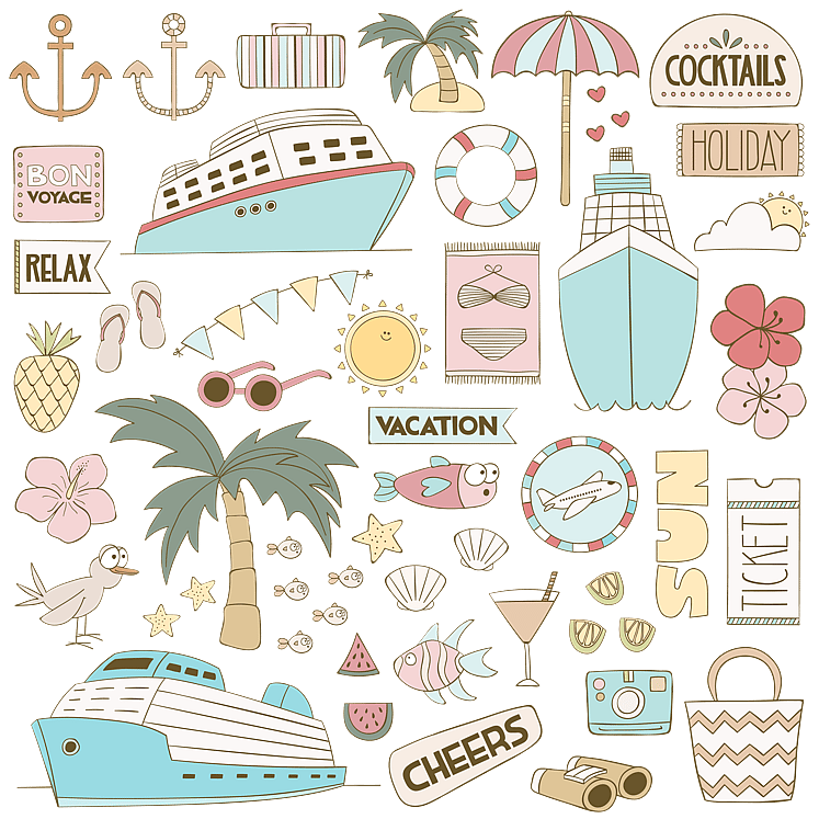 Digital illustration of tropical summer cruise ship holiday icons. By New Zealand illustrator Kelly Boxell, Creative Box