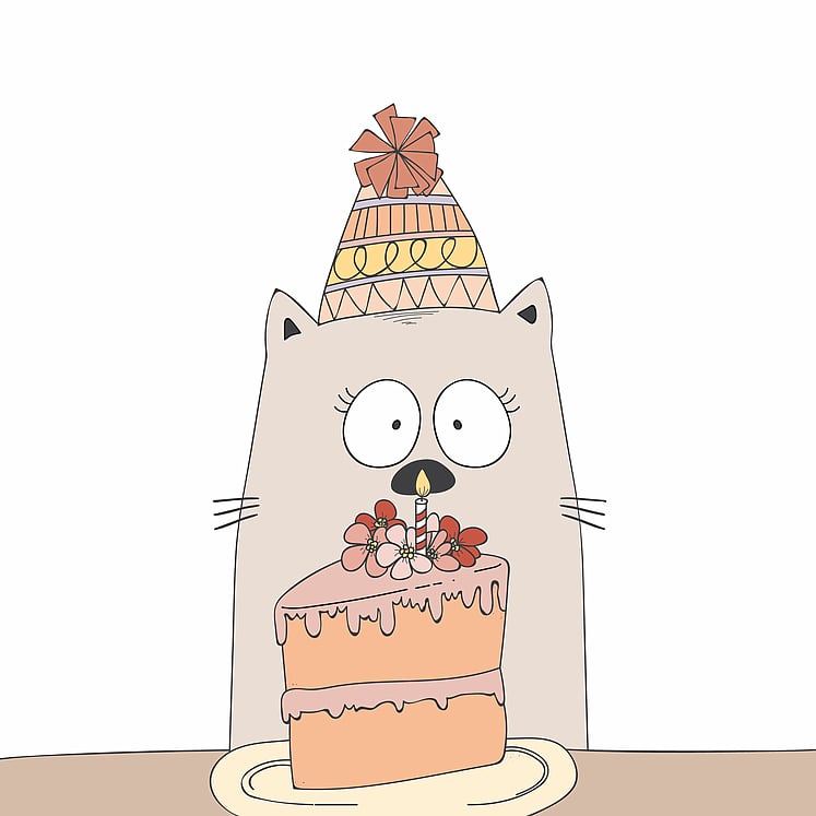 Digital illustration of a birthday cat eating cake. By Creative Box, New Zealand