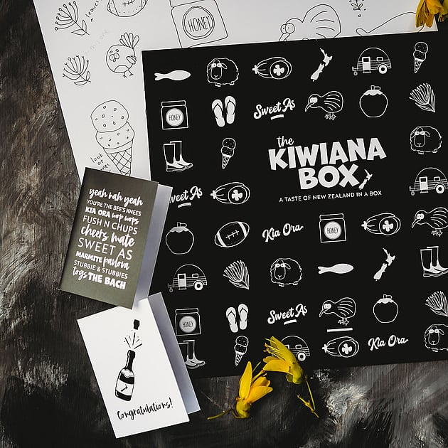 Image of design of the Kiwiana Box and greeting card. Creative Box, Waikato, New Zealand