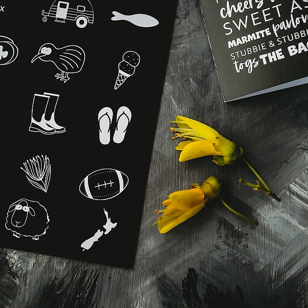 Image of design of the Kiwiana Box and greeting card. Creative Box, Waikato, New Zealand