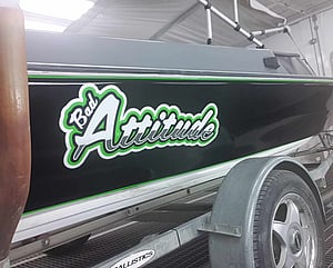 Boat Graphics "Bad Attitude" applied to side of boat