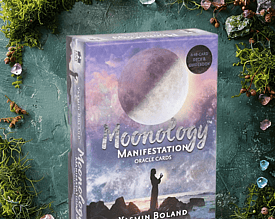 Moonology Manifestion Oracle Card deck on a moss and gem background