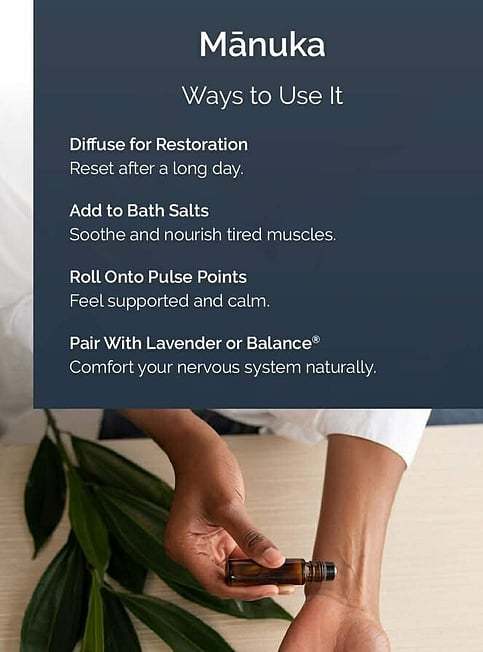 Ways to Use manuka Essential oil and a woman rolling some on her arm