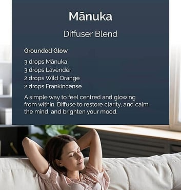 Manuka Diffuser Blend Recipe with a woman relaxing on the couch