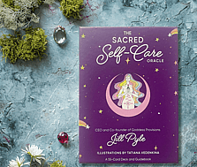 The Sacred Self-Care Oracle on a moss and gem background