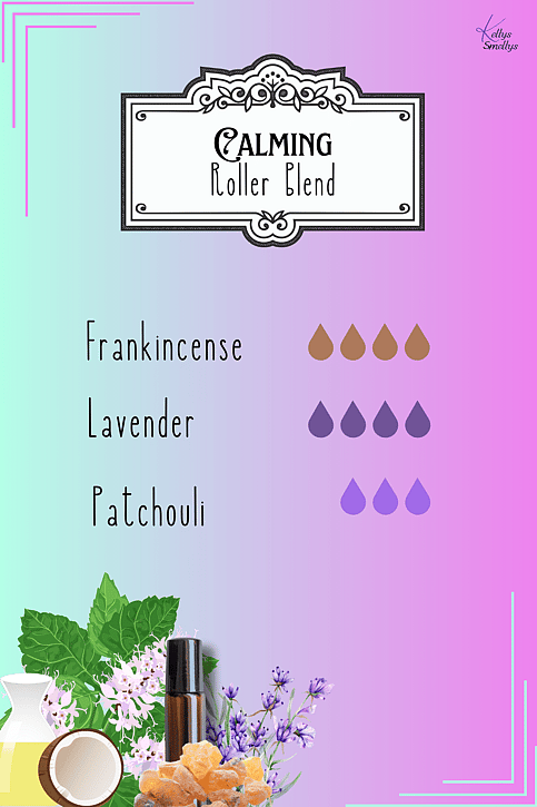 a colourful rainbow background with the recipe for an essential oil roller blend, graphics of herbs and essential oil roller bottles