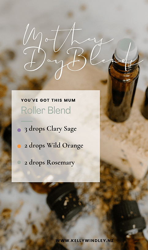 a colourful rainbow background with the recipe for an essential oil roller blend, graphics of herbs and essential oil roller bottles