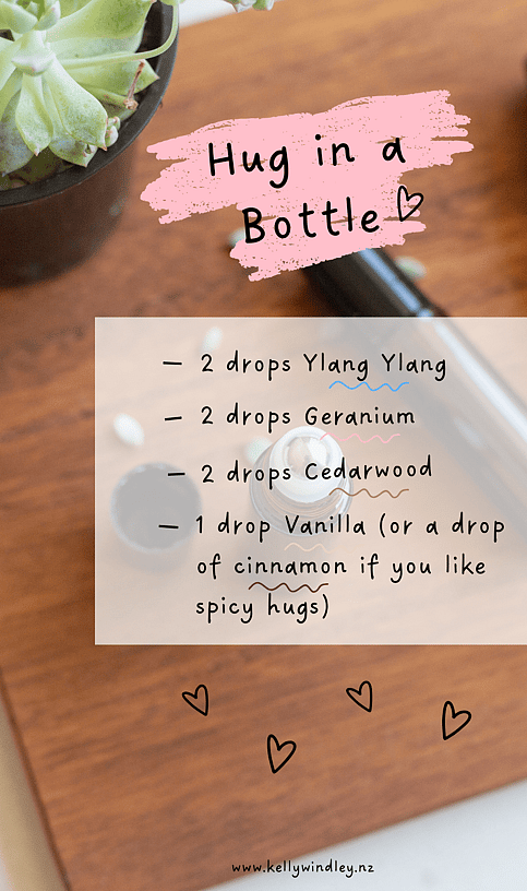 a colourful background with herb graphics and the reciped for a calming roller blend