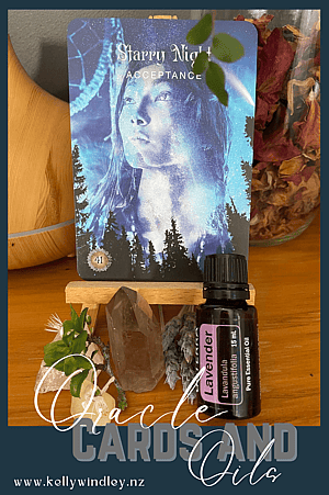 Starry Night Oracle Card, Crystals, Flowers, Lavender Essential Oil