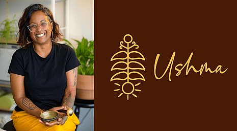 A portrait photo of Ushma Shah from Ushma holding an ayurvedic bowl