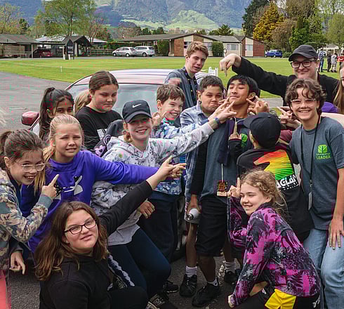 School Camps at Totara Springs. School age kids at camp and in a group having fun.