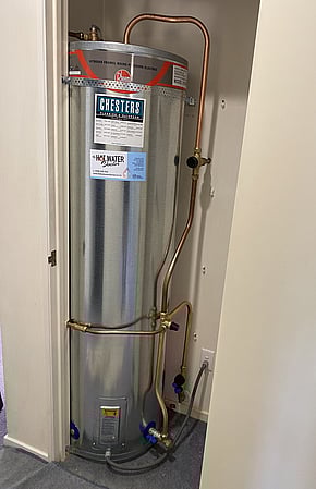 Mains Pressure Hot Water Cylinder Replacement with new copper pipes and new valves. Tidy copper pipework