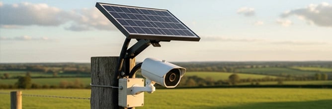 Solar panel powering a CCTV security camera mounted on a wooden post, overlooking a rural field in daylight.