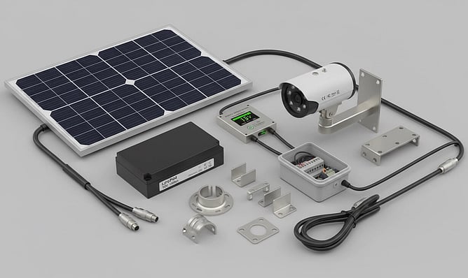Solar-powered CCTV kit laid out on a grey surface, including a solar panel, bullet camera, battery pack, charge controller, junction box, cables, and mounting brackets.