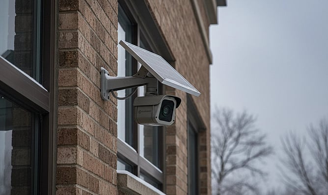 Solar-powered security camera fixed to a brick wall beside windows, with a small solar panel on the mounting arm, outdoors in overcast weather.