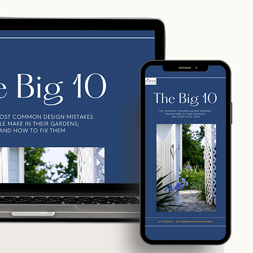 A mobile phone showing a mood board of garden images depicting a scandi themed garden. Theres a bit of advertising text to the right hand side.