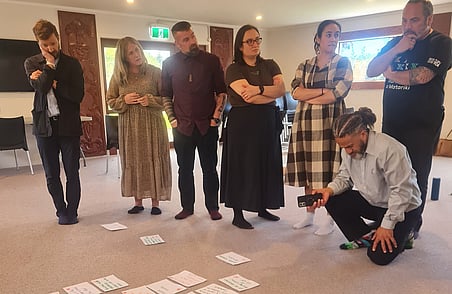 Group workshop with people standing in circle while one person kneels photographing cards arranged on floor during planning session