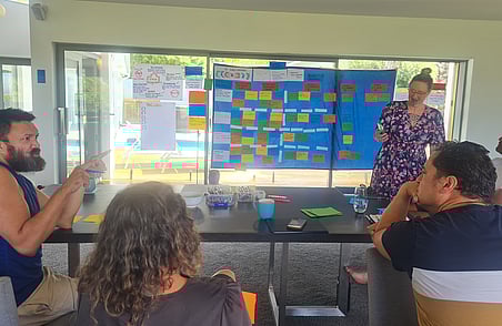 Workshop group discussion with facilitator standing beside boards covered in colourful sticky notes during planning session