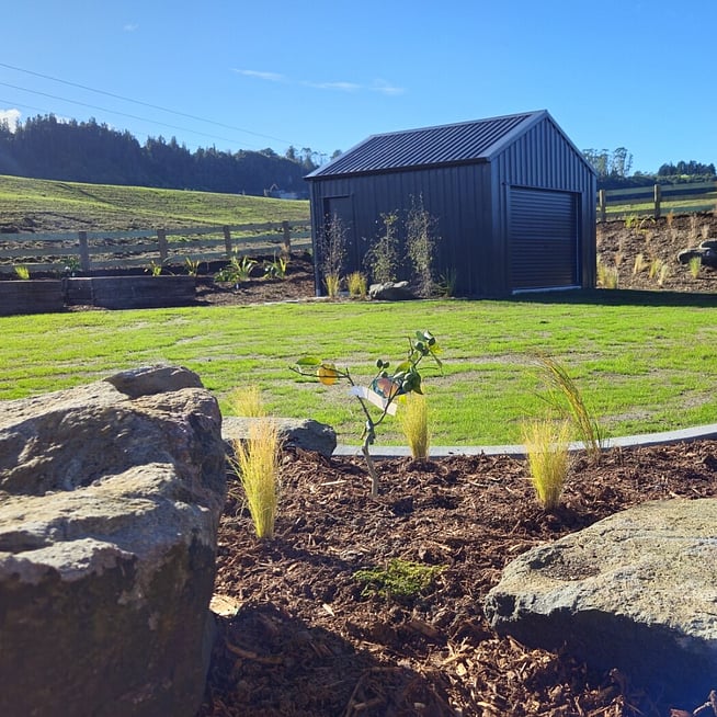 wooden pavers in a rock garden in a home in Rotorua