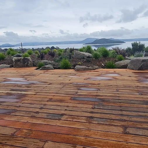 Timber deck built by Ultrascape in Rotorua for outdoor entertaining overlooking Lake Rotorua